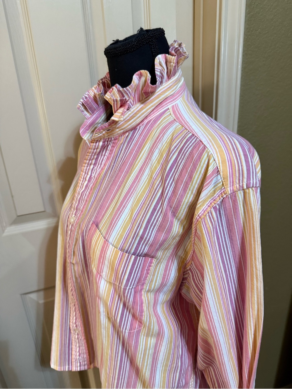 Upcycled fresh produce Pink & Yellow Striped Ruffle Collar Button-Down